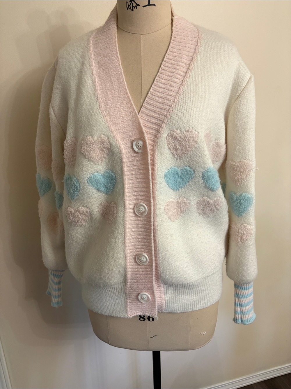 Soft Heart-Print V-Neck Cardigan Sweater - Pink & Blue